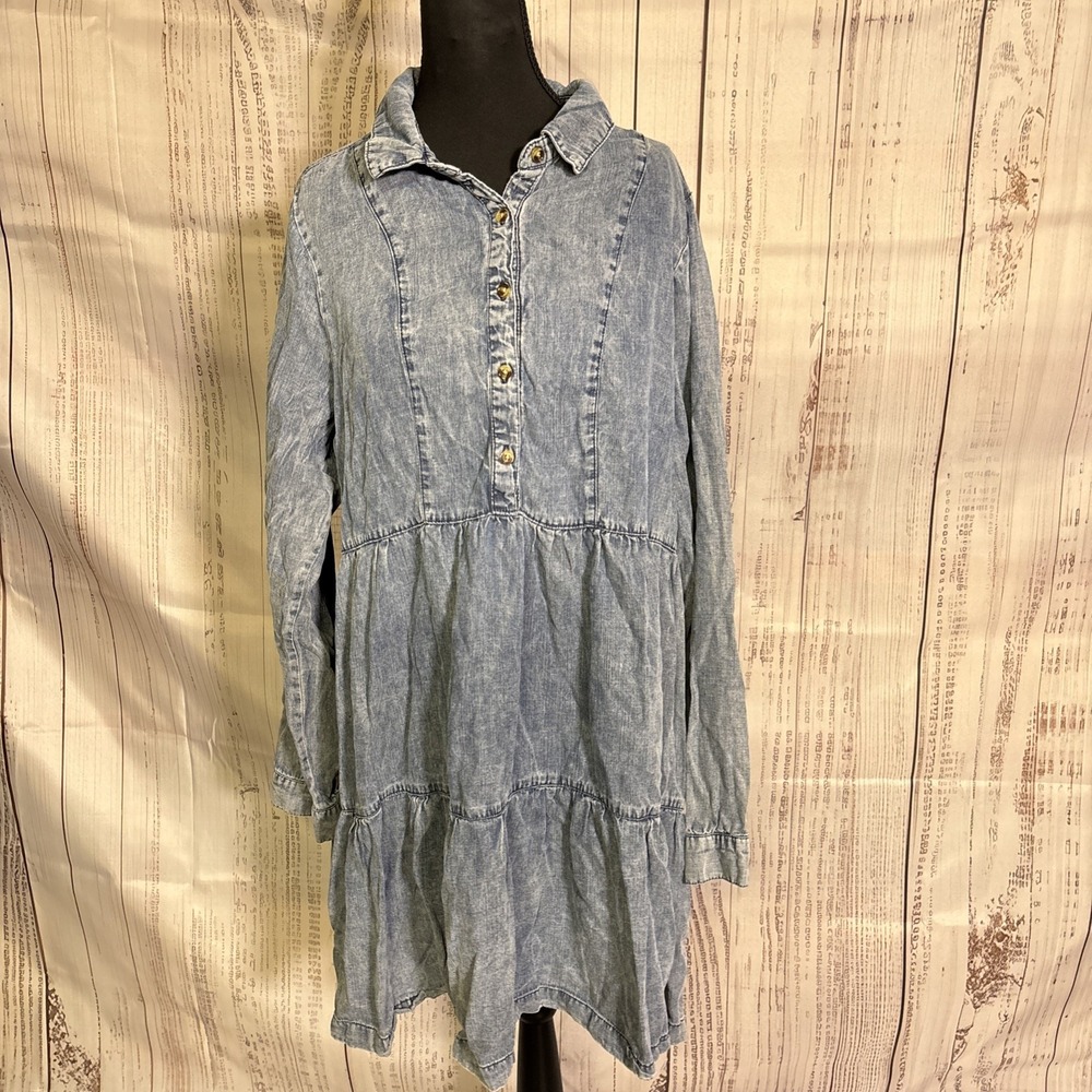 Easel Womens Babydoll Tiered Denim Dress Size Large Light Wash Cottagecore - Picture 4 of 10